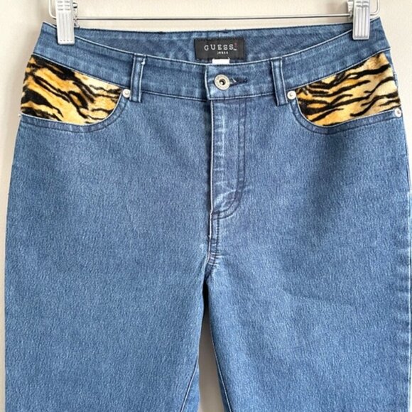 Vintage Y2K Guess Bootcut Cropped Jeans w/ Faux Fur Trim - 28" - Picture 3 of 10